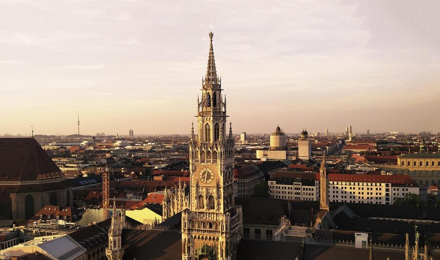 Munich Marienplatz church at sunset