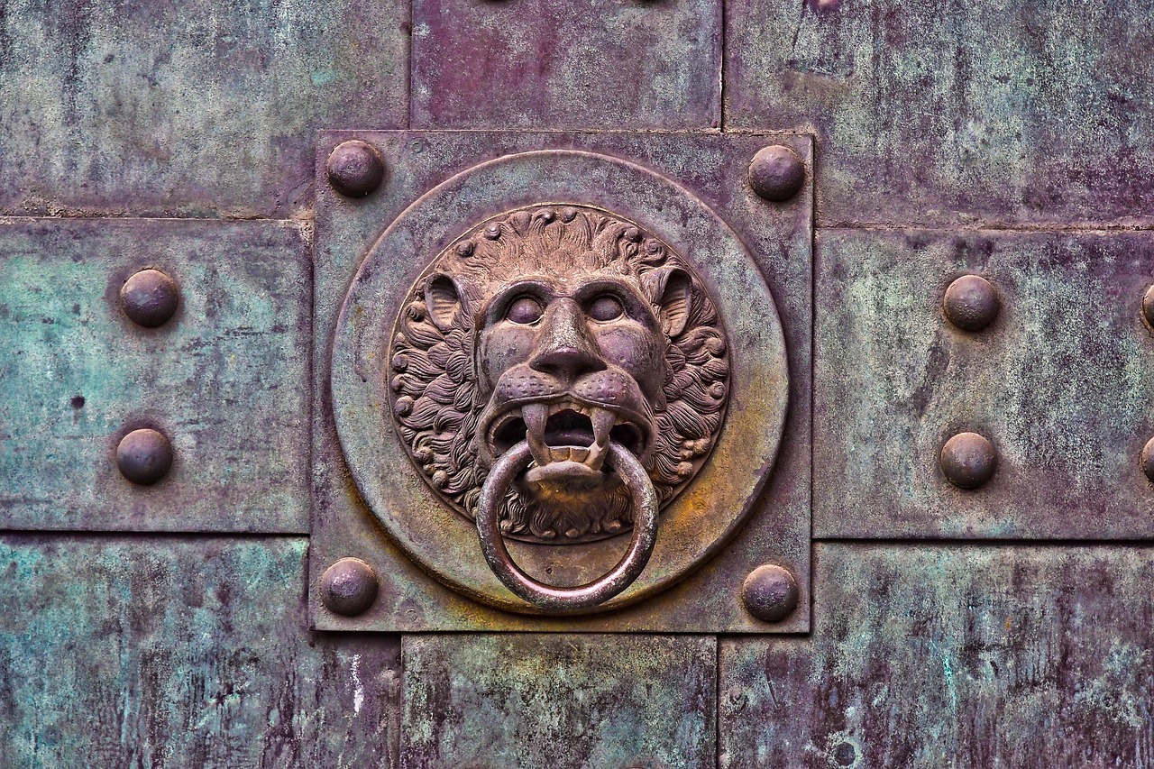 The Lion Gate at Mycenae showing the massive stone lintel with carved lions above the entrance