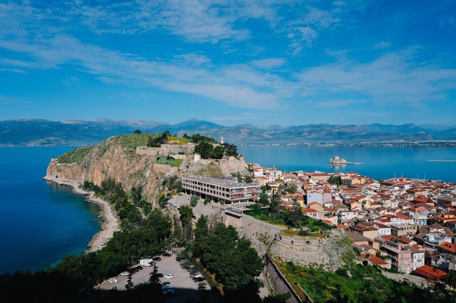 Nafplio aerial with fortress and seascape