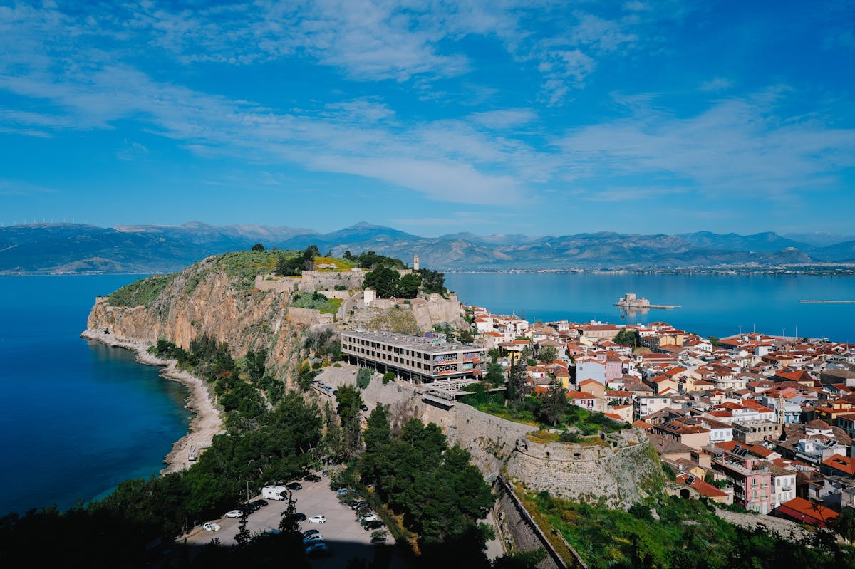 Aerial photograph of Nafplio Greece showing the harbour fortress and Old Town