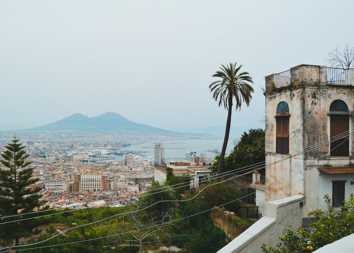 Scenic view of Naples Italy with Mount Vesuvius and historic architecture