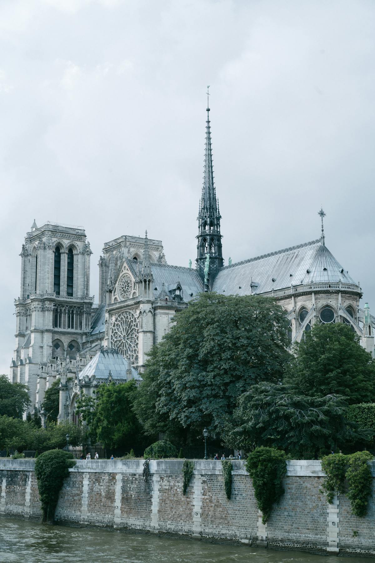 Side view of Notre-Dame Cathedral in Paris surrounded by lush greenery along the Seine riverbank