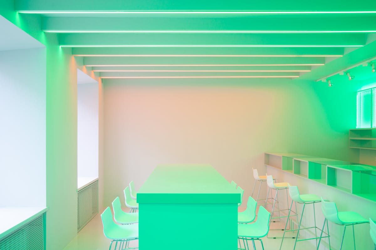 Sleek modern room with neon green and white minimalist design