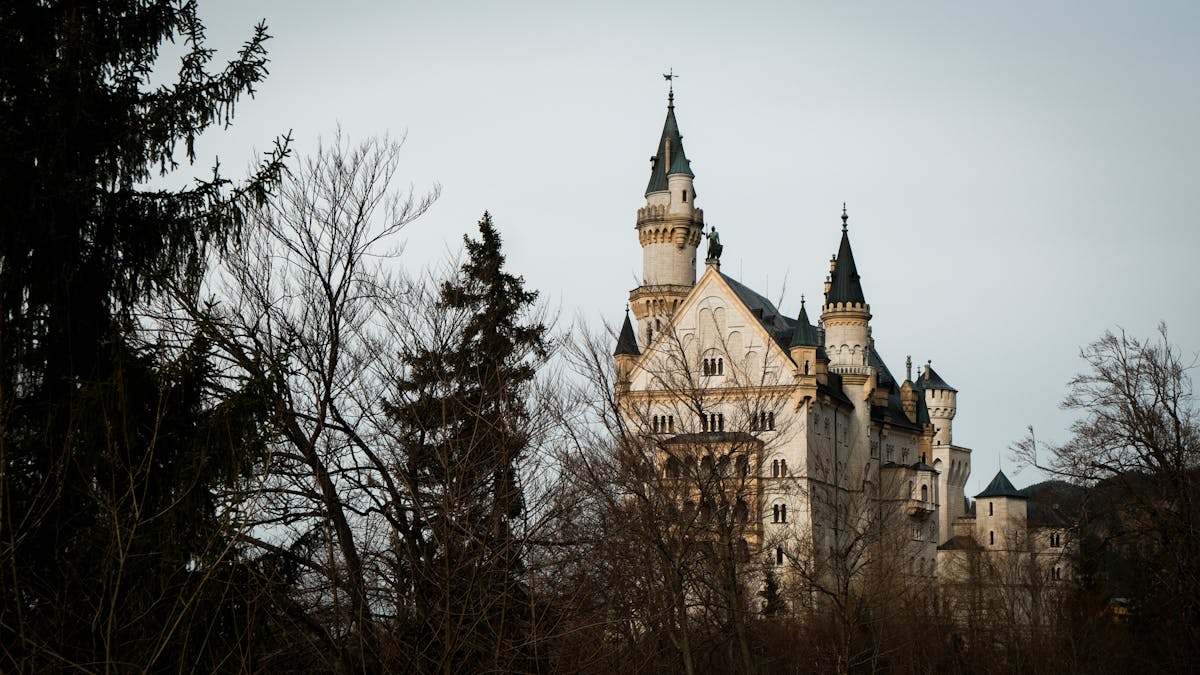 Neuschwanstein Castle surrounded by bare winter trees and grey Bavarian sky