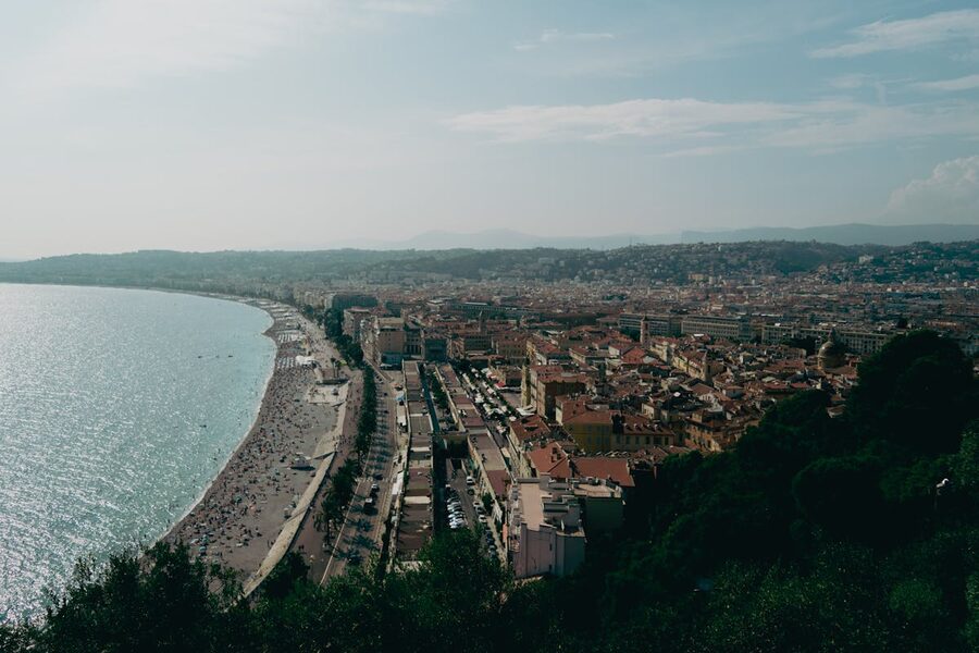 Aerial view of Nice coastline and cityscape along the French Riviera