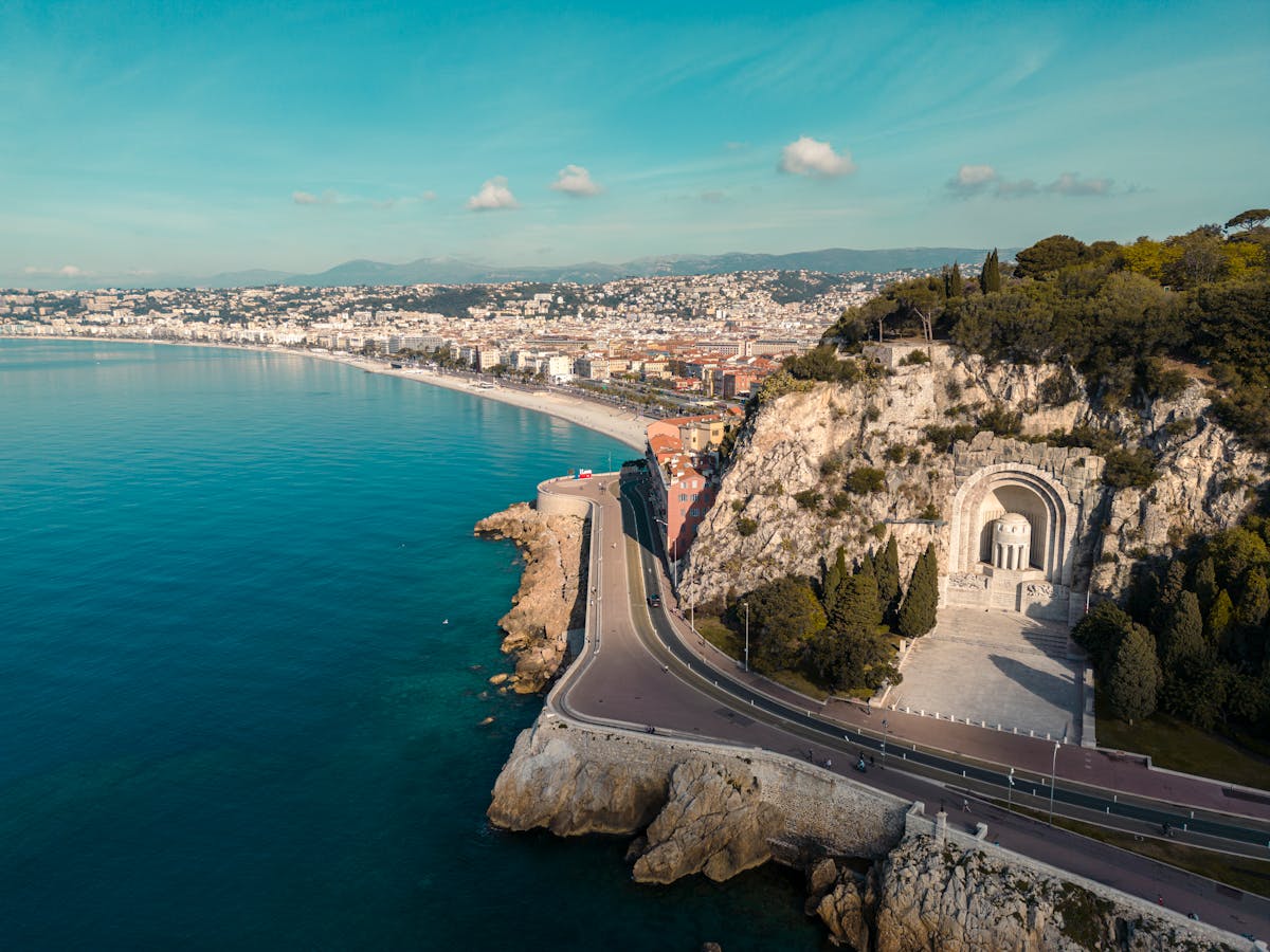 Stunning aerial view of Nice France with the azure Mediterranean Sea and coastal architecture