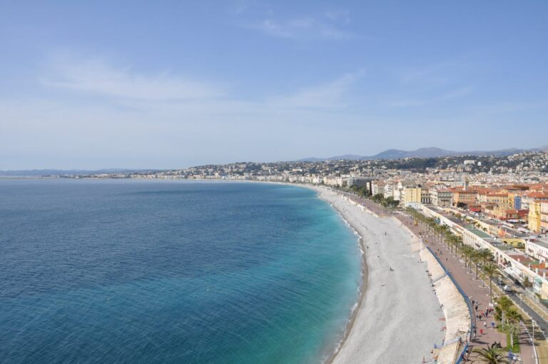 Aerial view of Nice coastline showing the Promenade des Anglais and blue Mediterranean