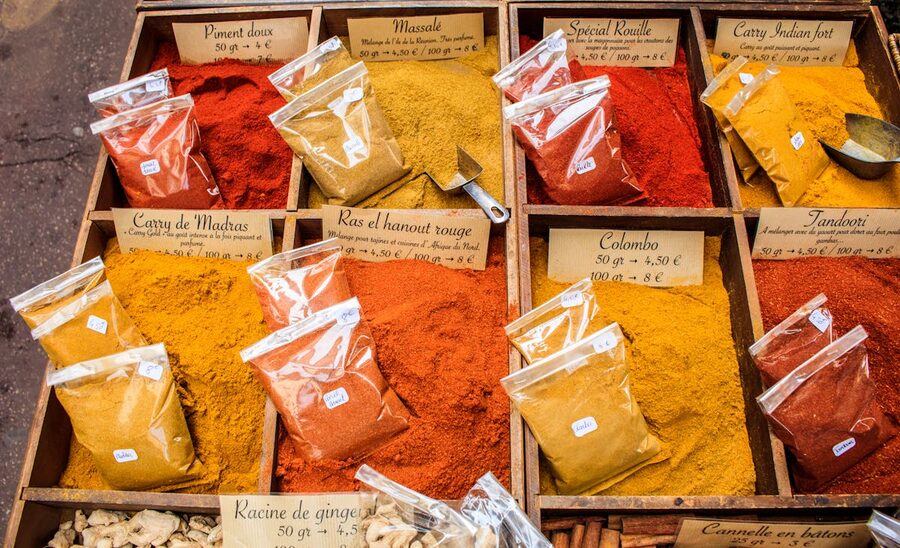 Colourful spice display at a market stall in Nice France