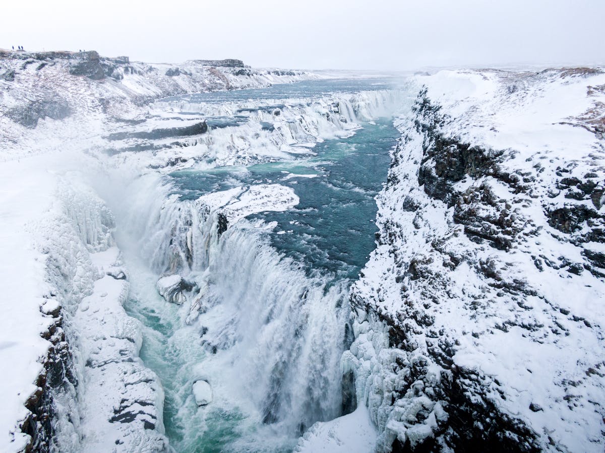 Aerial view of Gullfoss waterfall in Iceland's winter landscape