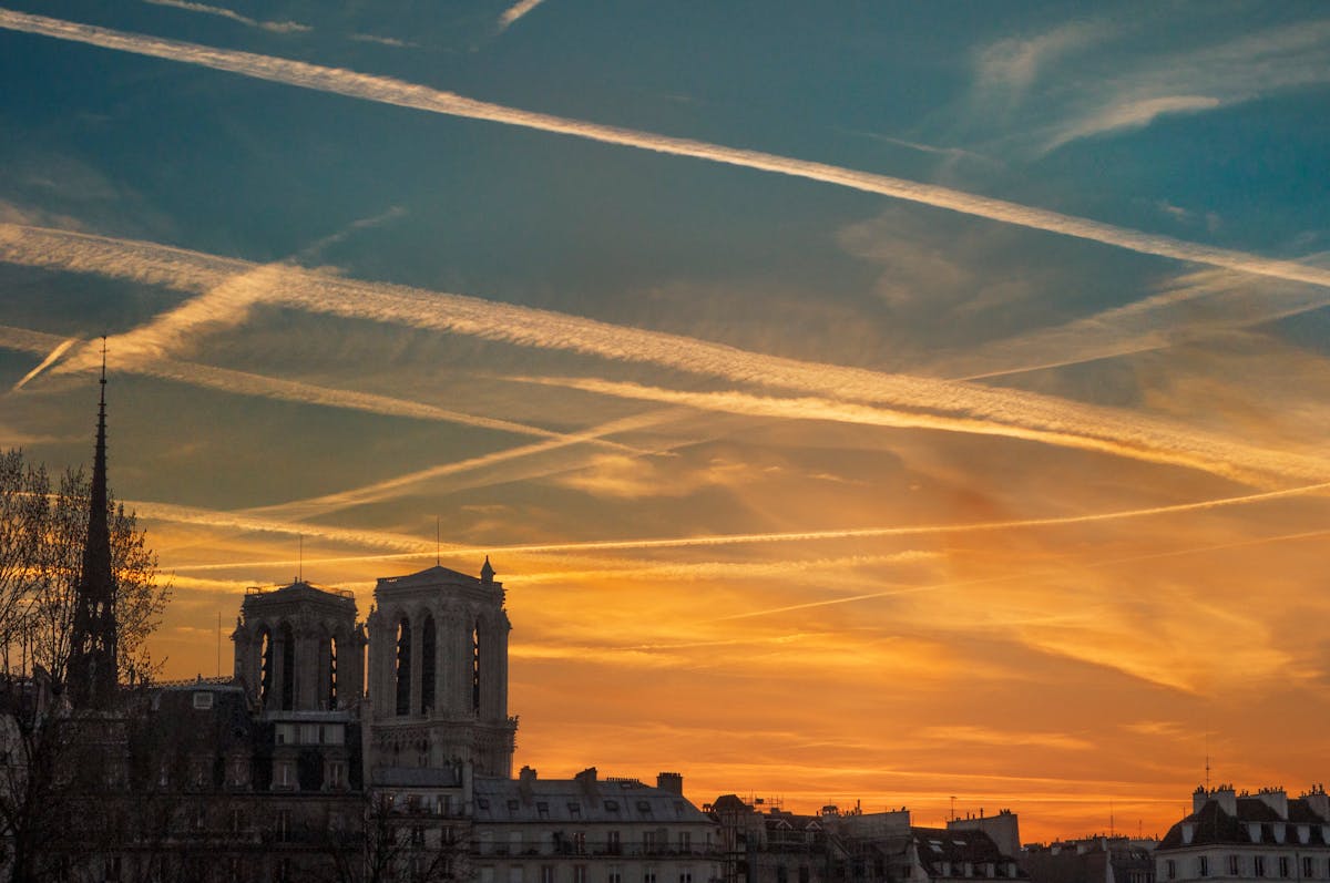 Dramatic sunset over Notre-Dame Cathedral in Paris
