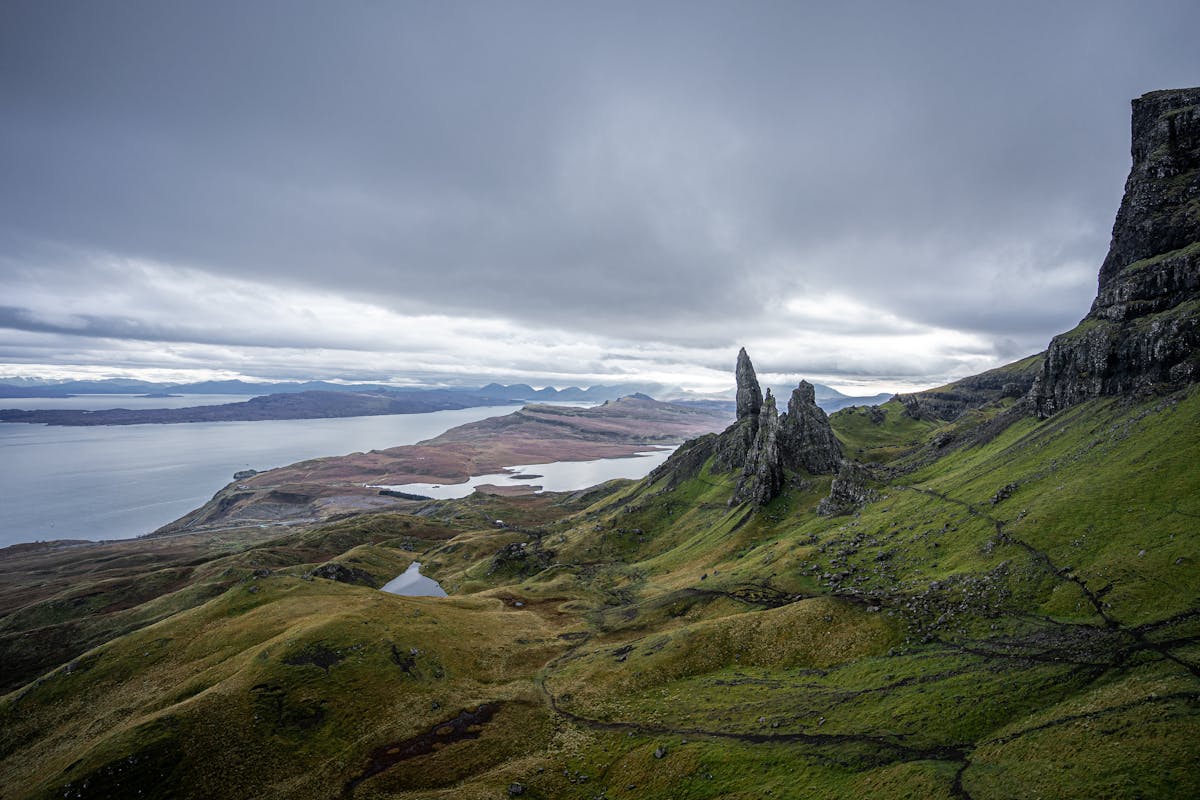 The Old Man of Storr on a moody overcast day with mist clinging to the rocks