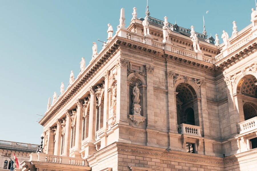 Hungarian State Opera House Renaissance facade in sun Budapest