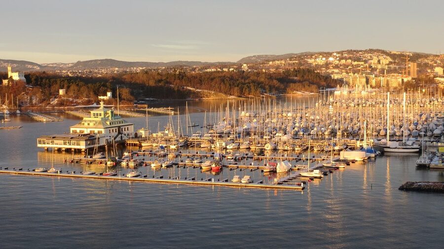 Oslo harbor with port and boats