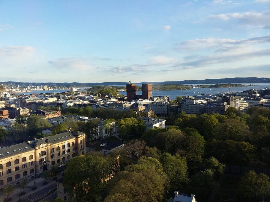 Oslo Town Hall by the fjord and harbour
