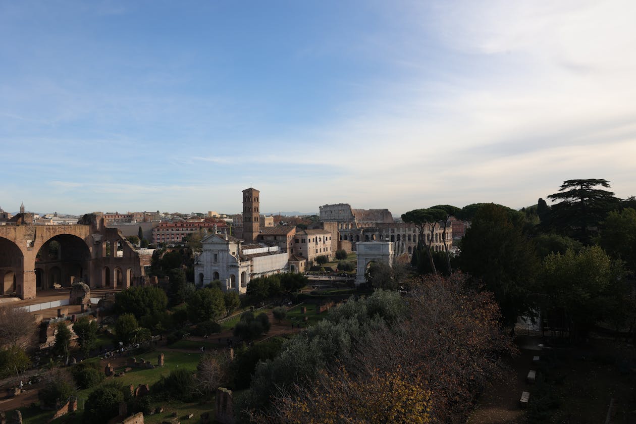 Aerial view showing Palatine Hill with the Colosseum visible