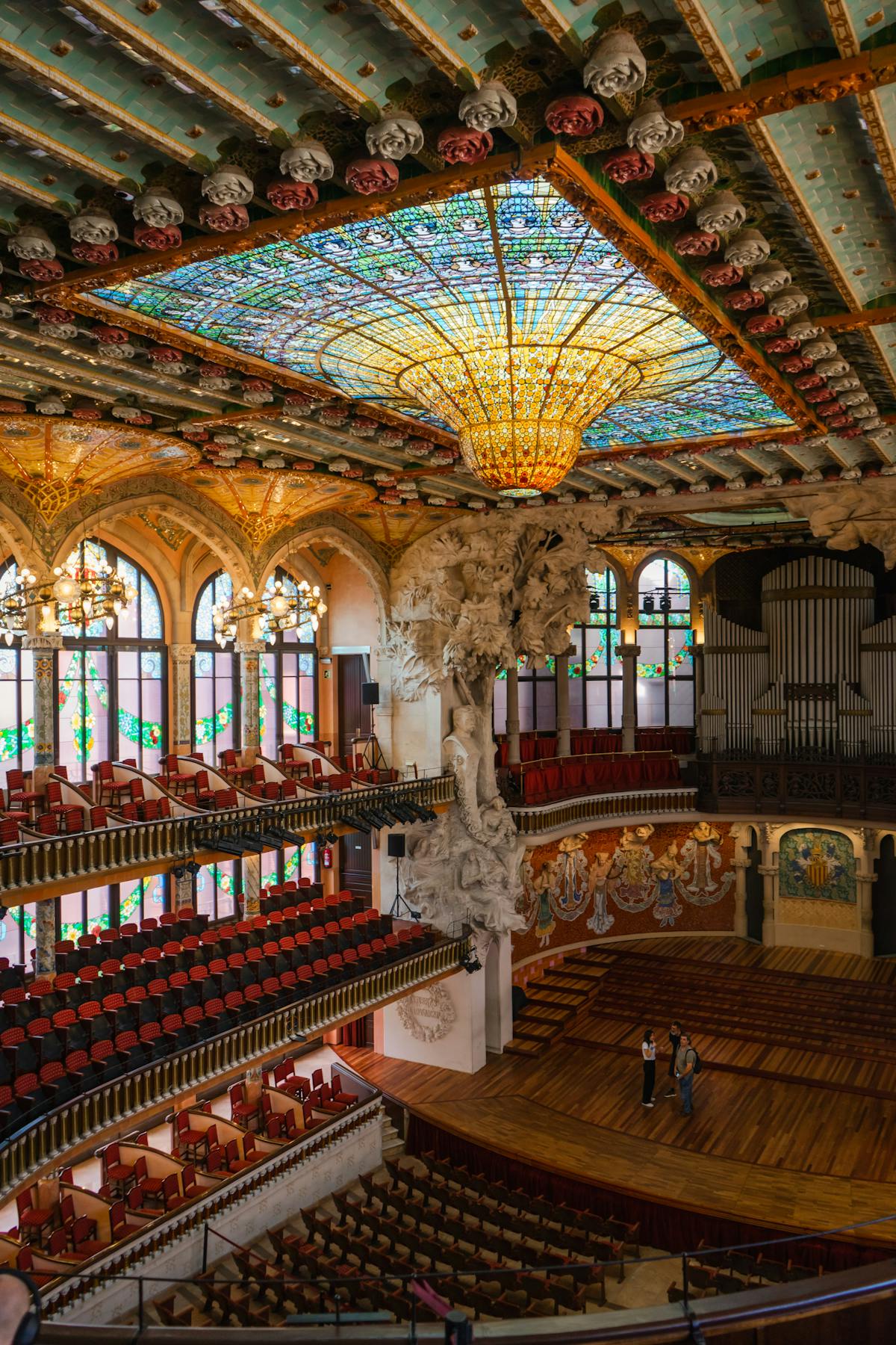 Interior balcony level of Palau de la Musica Catalana with intricate Modernista architectural details