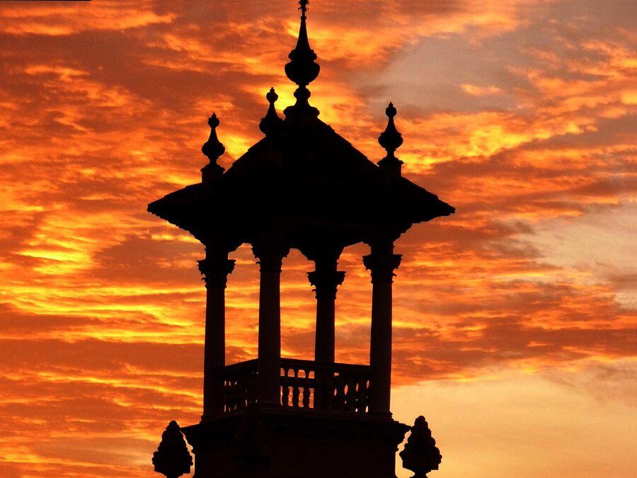 Palau Nacional at dusk with warm evening glow over Montjuic