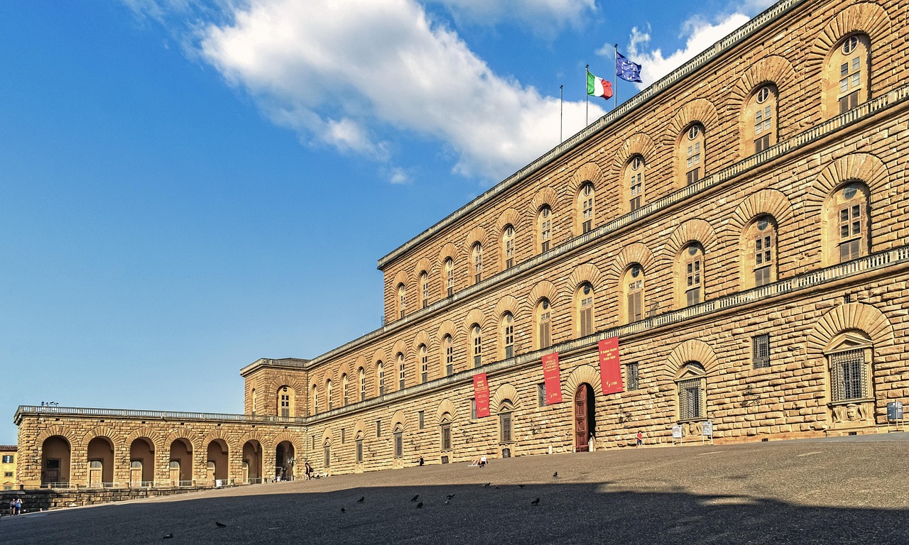 The imposing Renaissance facade of Palazzo Pitti in Florence Italy