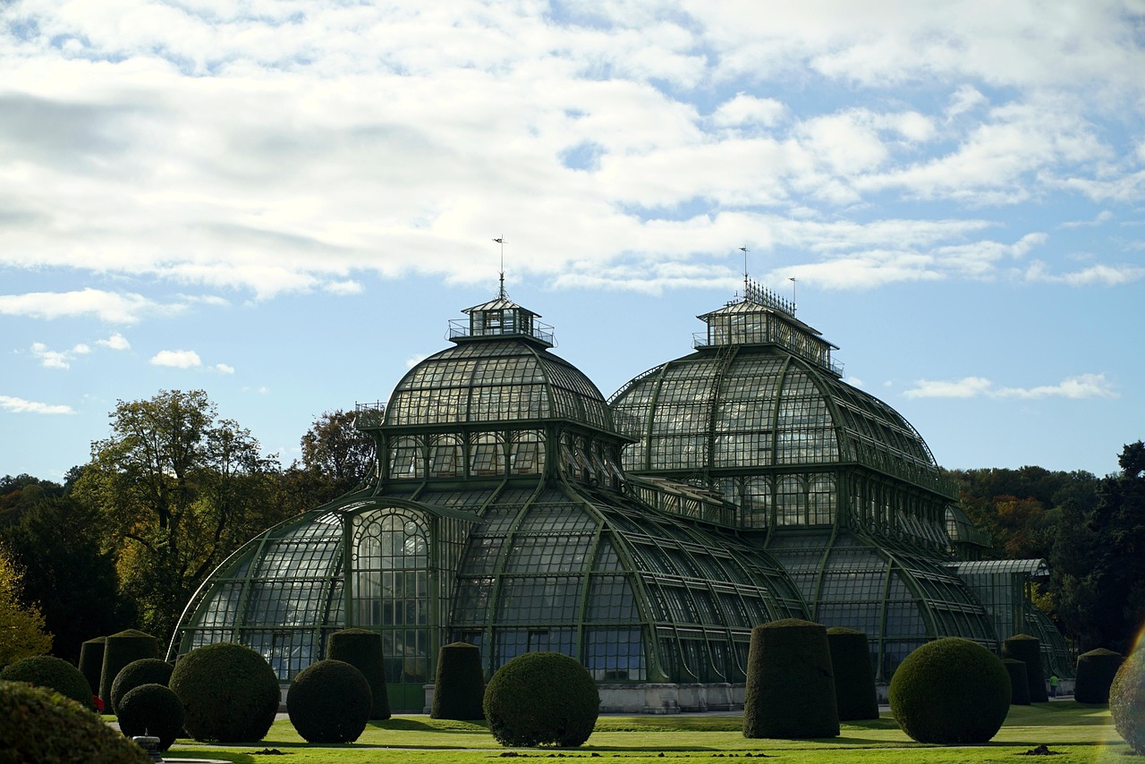 The historic glass and steel Palm House greenhouse in Schonbrunn Palace grounds