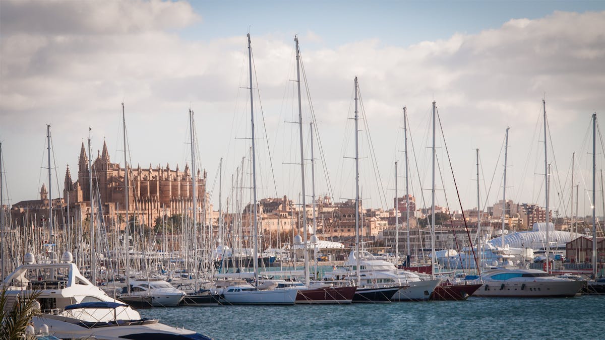 Palma de Mallorca marina with yachts and the Cathedral La Seu visible in the background