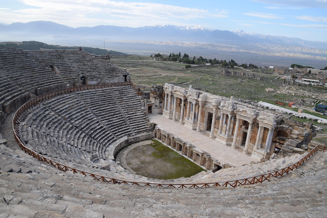 Hierapolis ancient theatre with rows of stone seats overlooking the landscape
