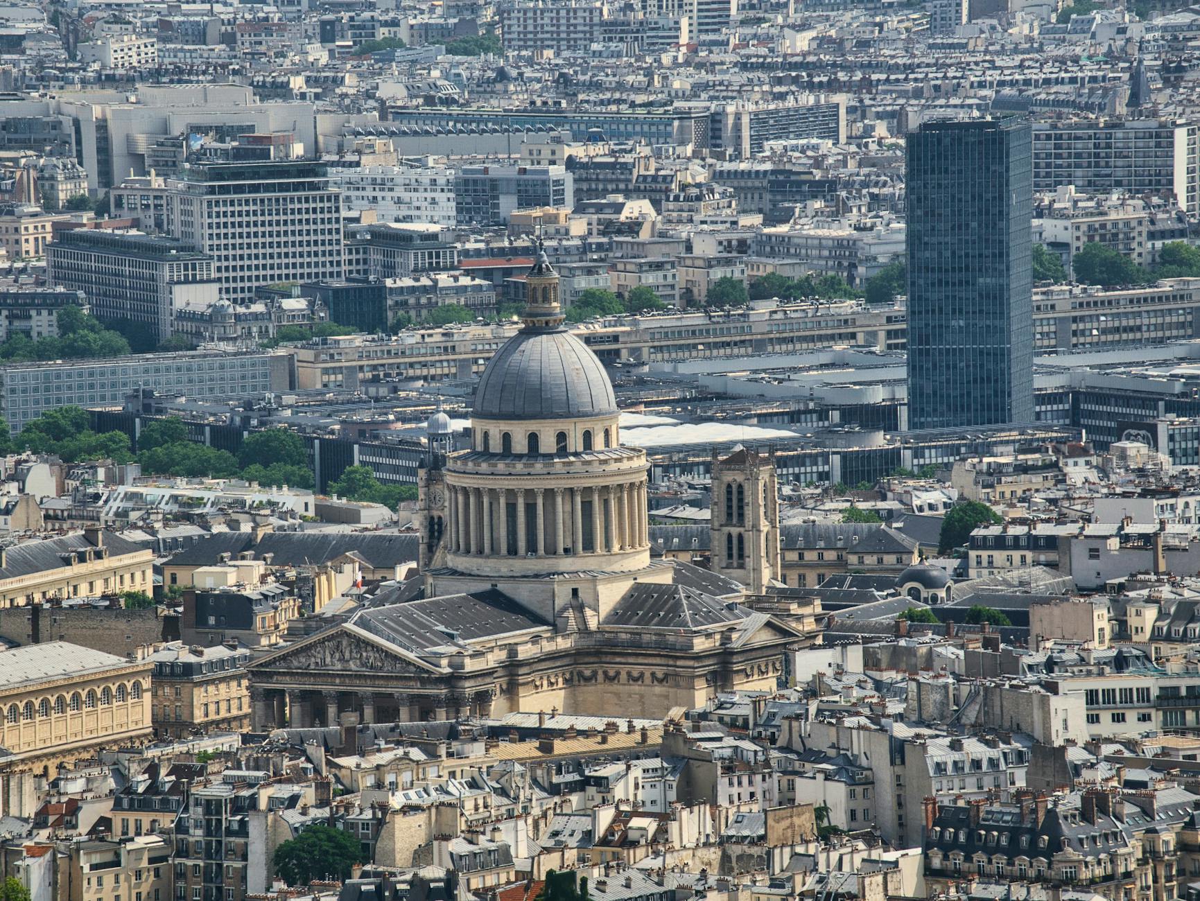 Aerial view of the Pantheon amidst the rooftops of Paris