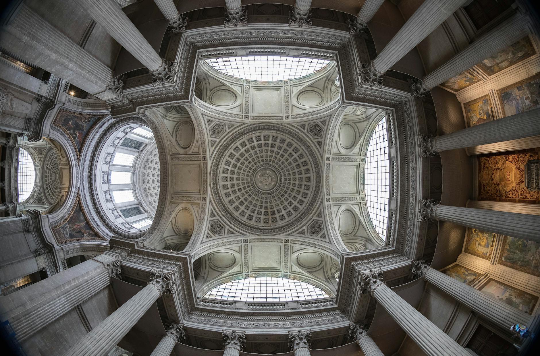 Close-up view of the Pantheon dome from below showing architectural details