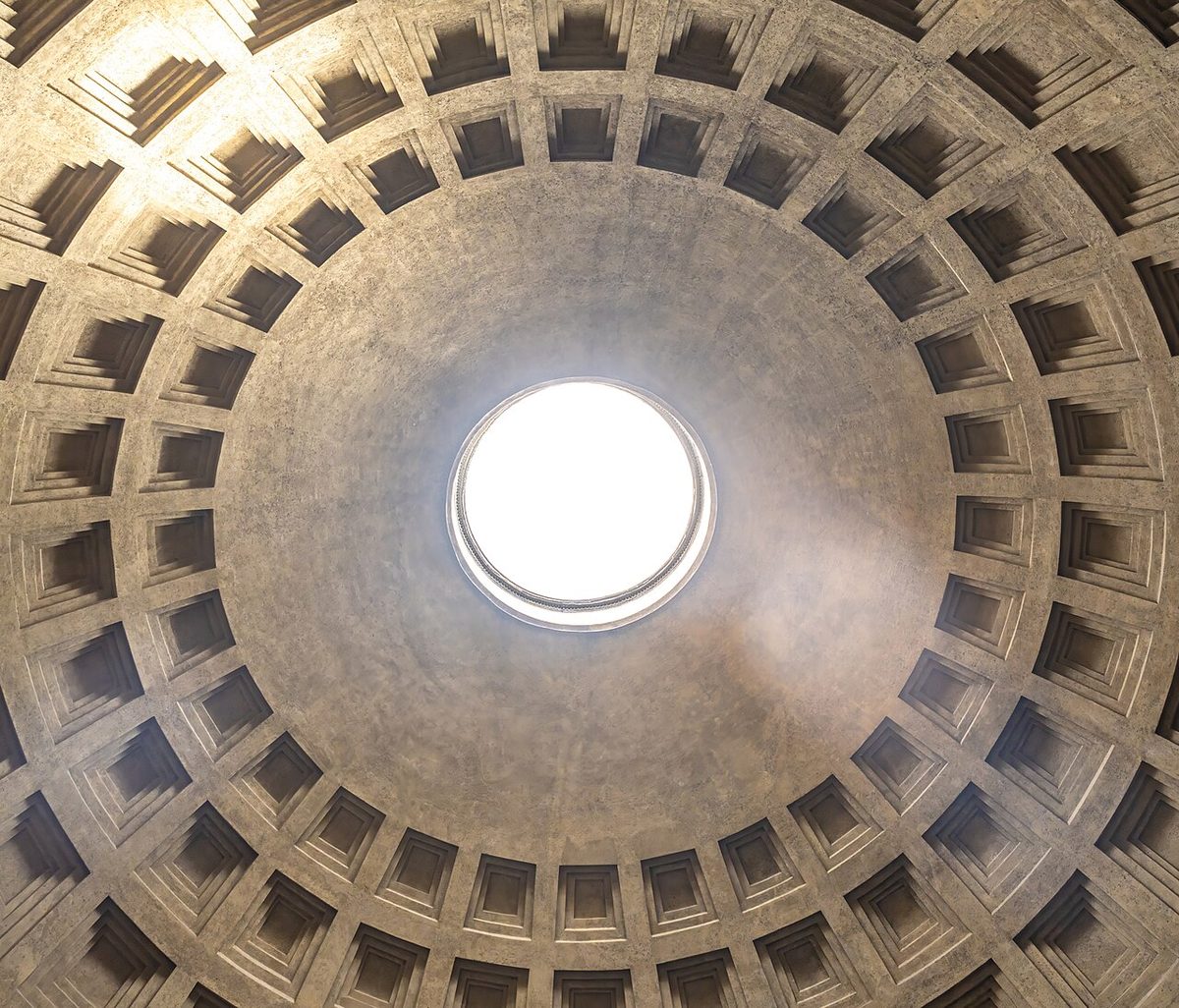 Wide interior view of the Pantheon dome and coffered ceiling in Rome