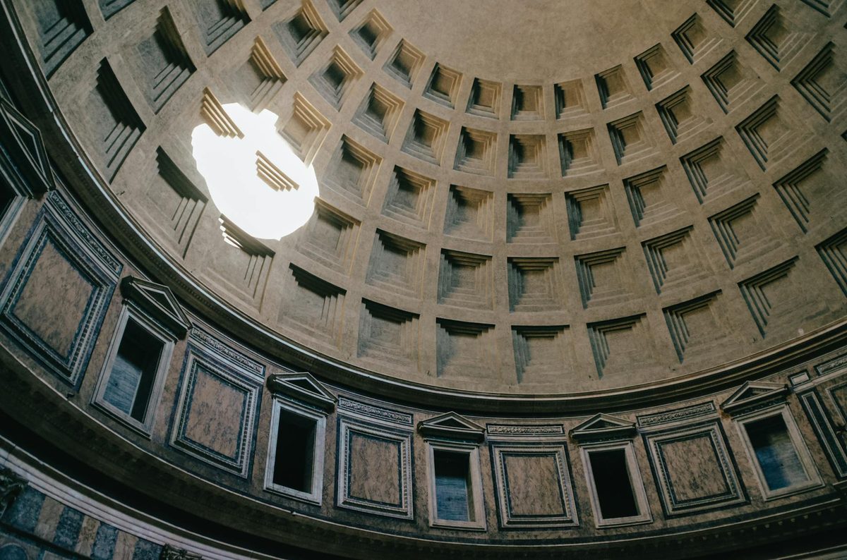 Natural light streaming through the Pantheon dome oculus in Rome