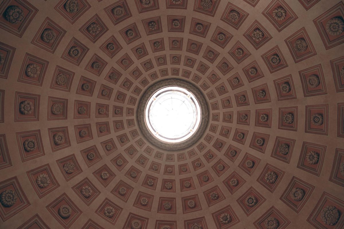 The coffered dome and central oculus inside the Pantheon in Rome