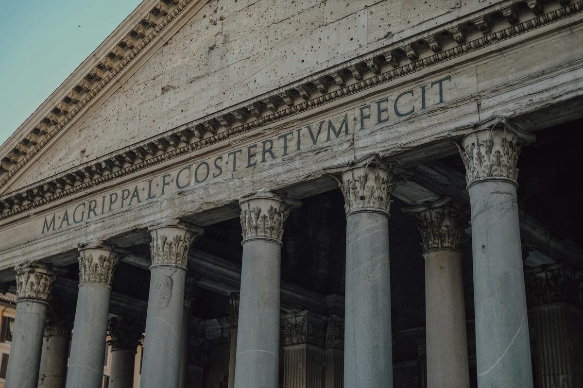 Front view of the Pantheon showing its Corinthian columns in Rome