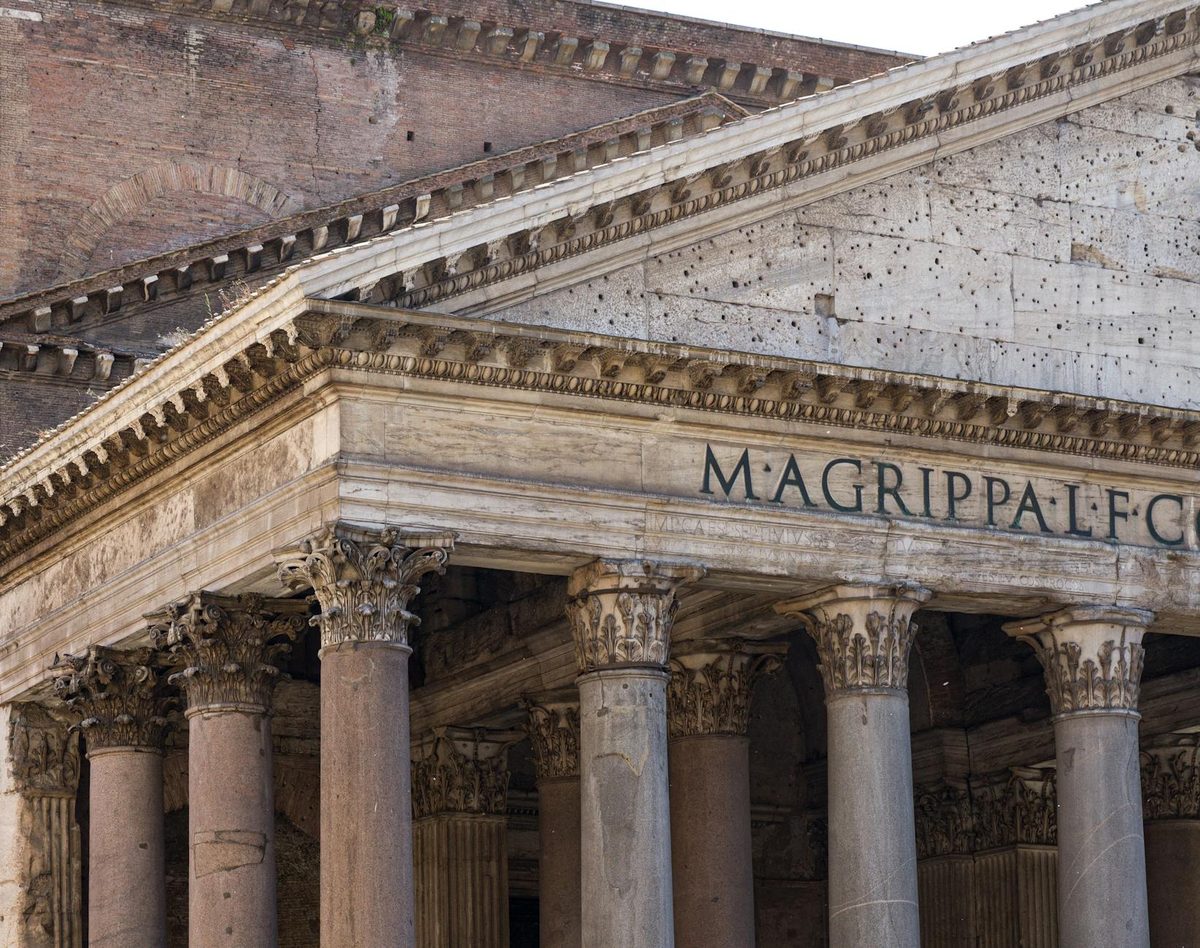 Close-up view of the ancient Roman Pantheon facade in Rome