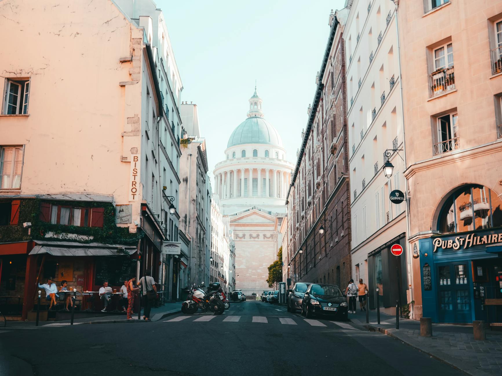 A charming Parisian street leading toward the dome of the Pantheon