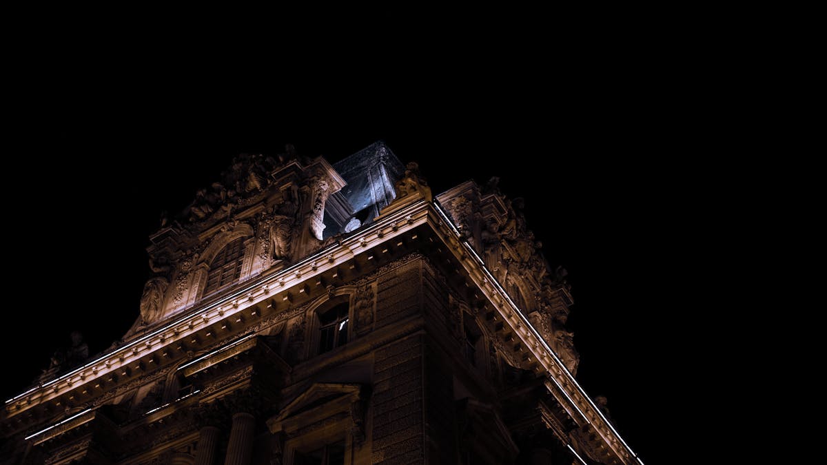Night view of the Louvre Museum intricate architecture in Paris