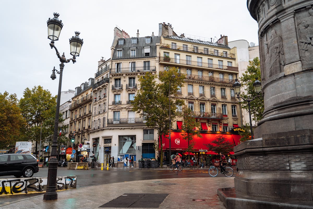 Classic architecture and cafe scene in Montmartre Paris