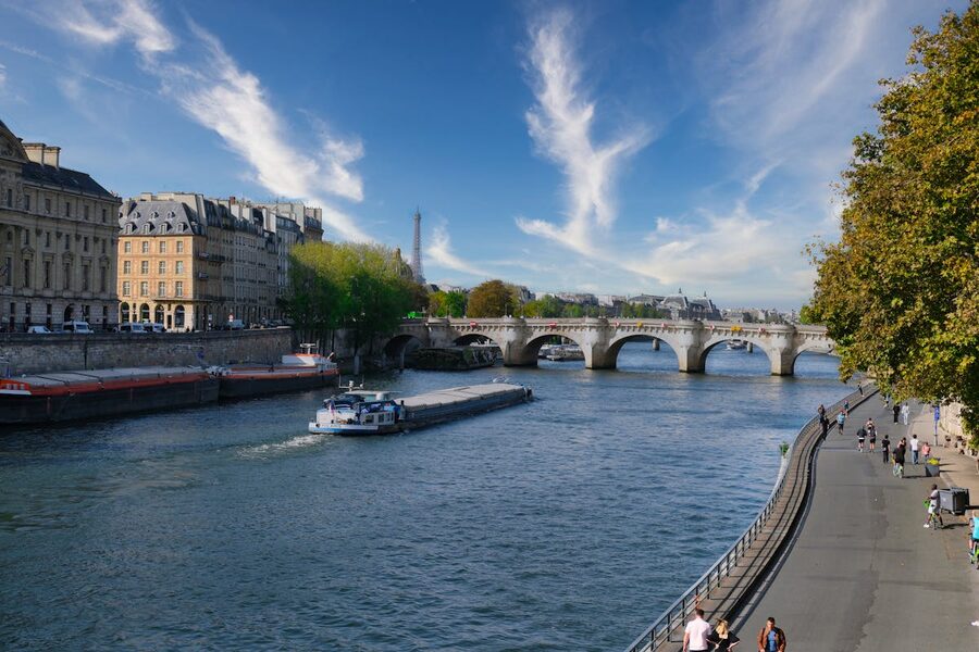 Paris river scene with Eiffel Tower and historical architecture along the Seine