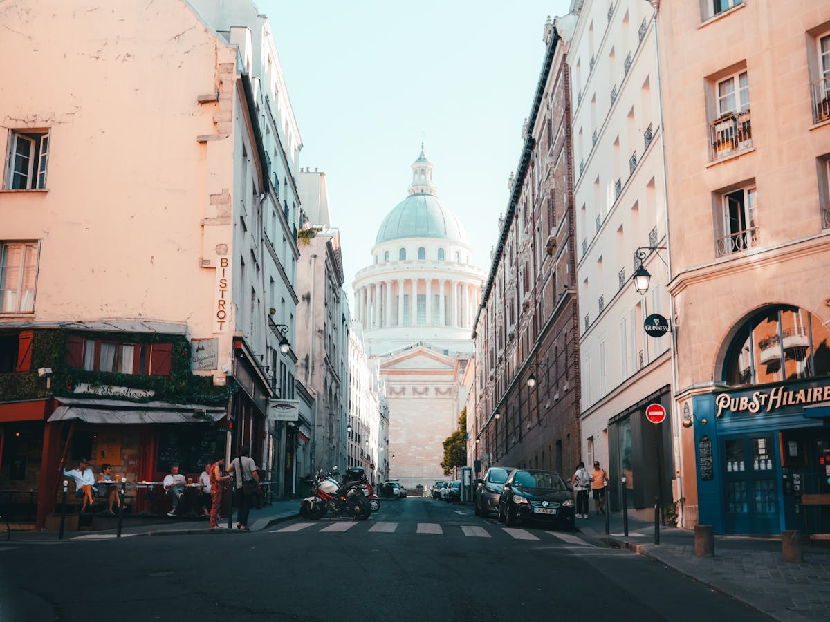Charming Parisian street leading to the Pantheon dome in the Latin Quarter