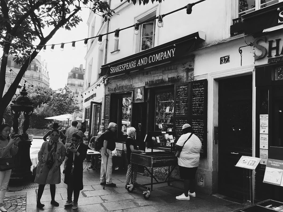 People outside the Shakespeare and Company bookstore in Paris