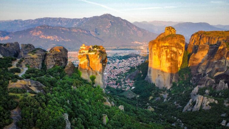 Aerial view of Meteora monasteries perched on massive rock pillars in Kalabaka Greece