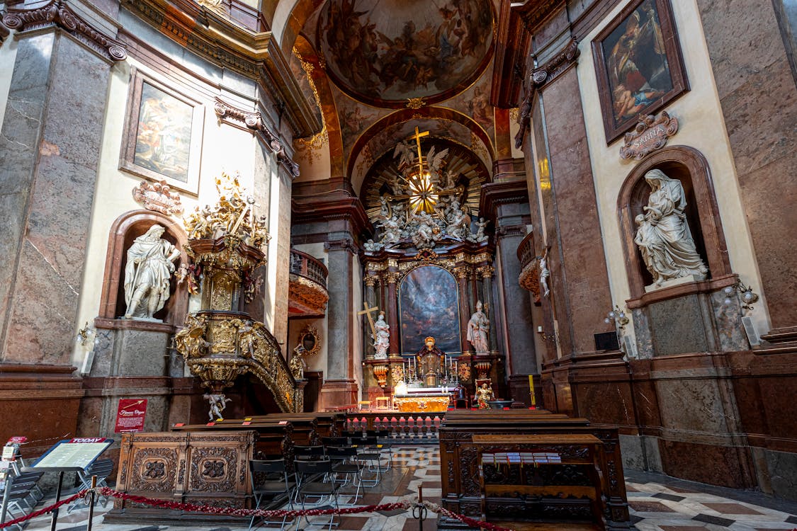 Magnificent interior of a Baroque church in Prague with ornate architecture