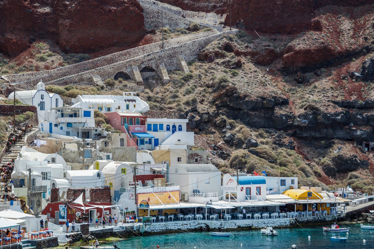 Traditional harbor in Santorini with small boats