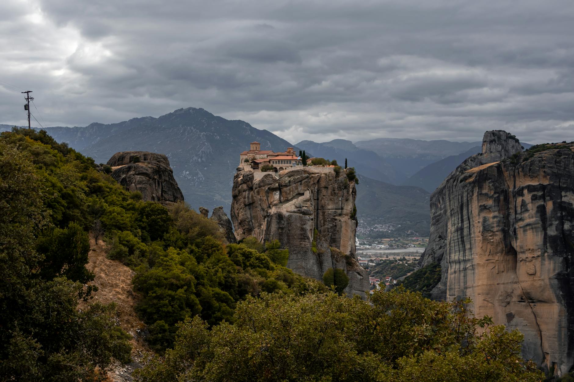 Scenic panoramic view of Meteora monasteries on massive rock formations in Greece