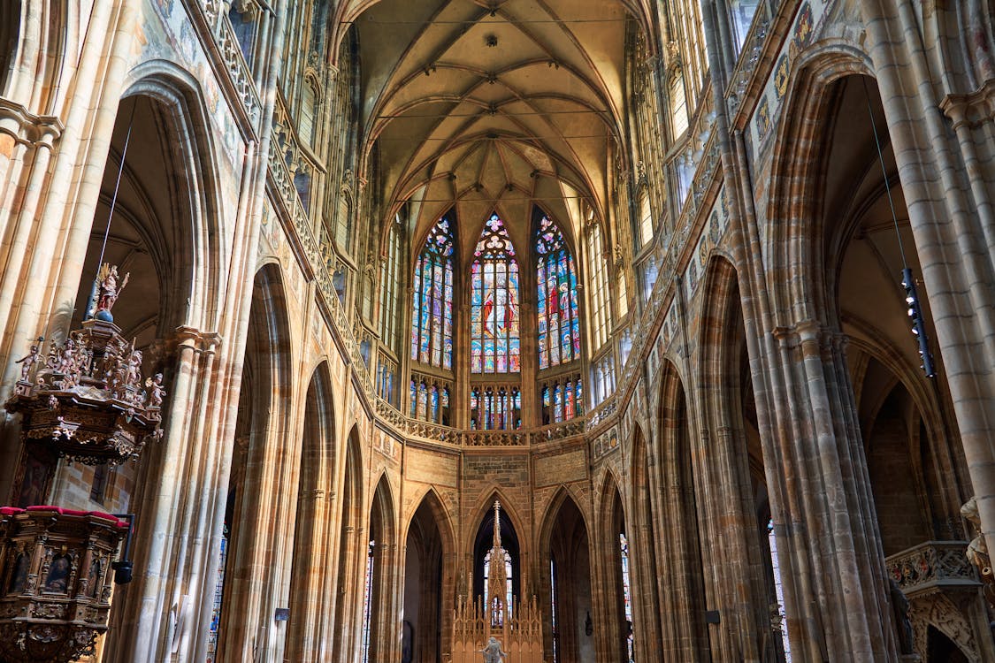 Stained glass and Gothic vaulting inside St Vitus Cathedral Prague