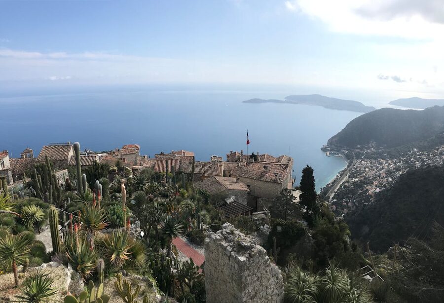 Aerial view of Eze village on a cliff overlooking the Mediterranean