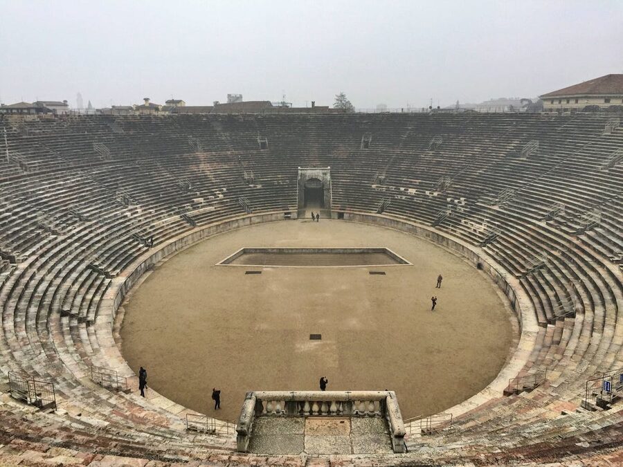 Aerial view of the ancient Arena di Verona amphitheatre in Italy