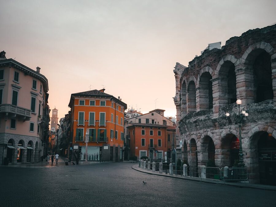 Verona Arena and Piazza Bra at golden hour sunrise