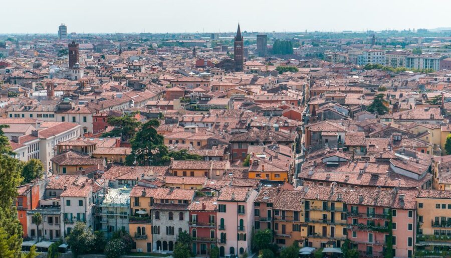 View over Verona rooftops and historic architecture from above