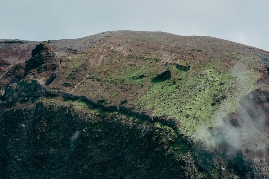 Aerial view of the green slopes of Mount Vesuvius in Naples Italy