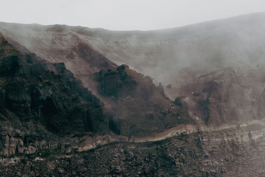 Misty view of Mount Vesuvius volcanic crater in Naples Italy