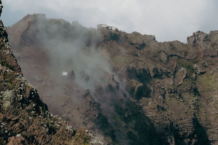 Steaming volcanic crater of Mount Vesuvius in southern Italy
